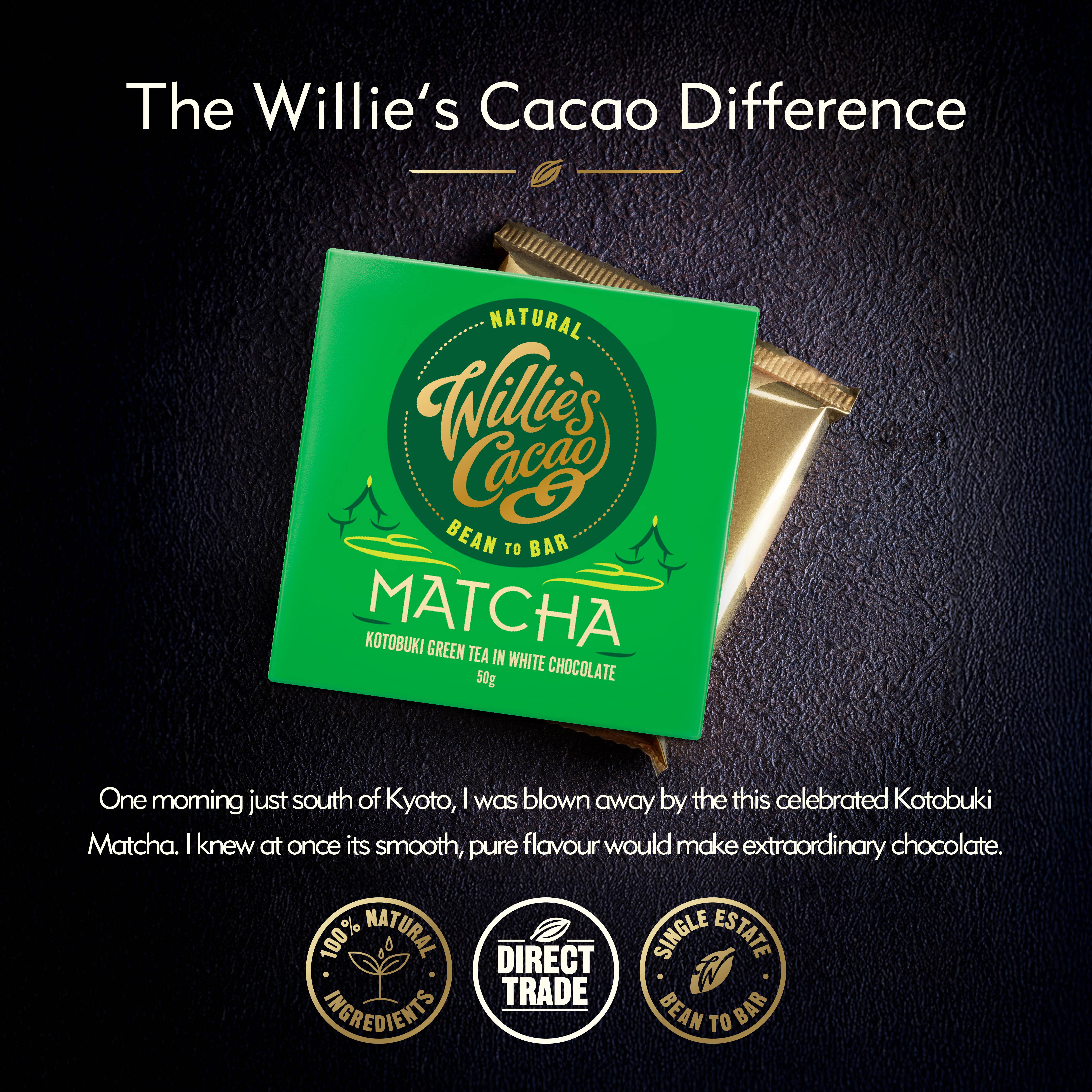Willie's Cacao - Wholesale Chocolate bar - Matcha. White chocolate w. ceremonial grade matcha. 50g bar1