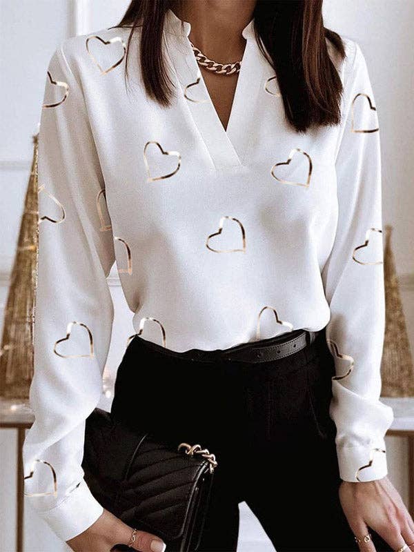 WHITE Loose Fit Long Sleeves Heart Print V-Neck Blouse for wholesale on Faire
