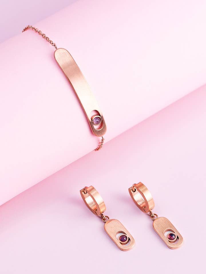 Armband en oorbellen in roségoud met paarse amethist voor wholesale door Didyma