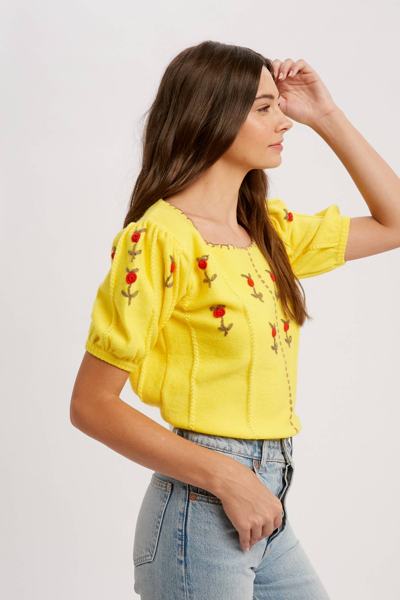 Gelb Besticktes Strickoberteil mit Puffärmeln LSW0677 für den Großhandel auf Faire4