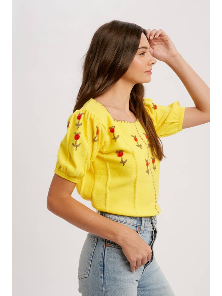Yellow Embroidered Puff Sleeve Knit Top LSW0677 for wholesale on Faire4