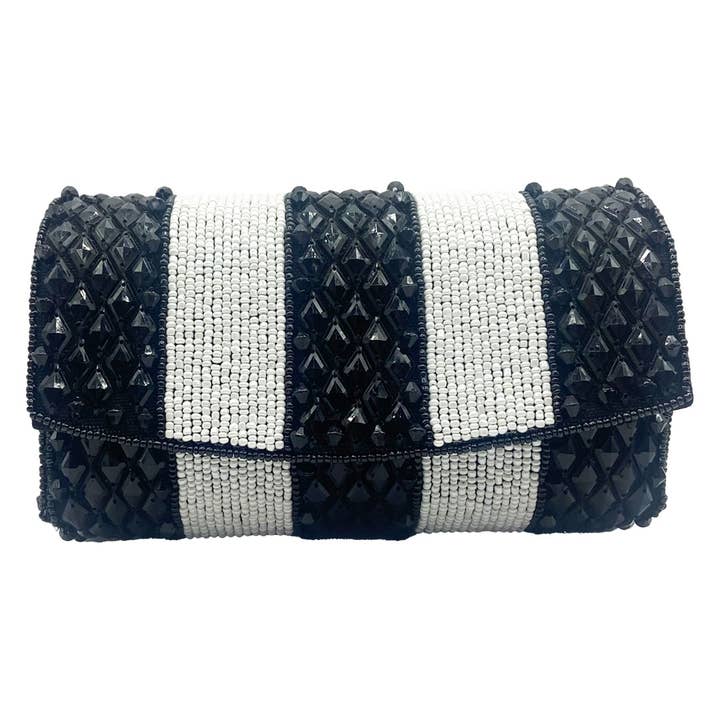 POCHETTE À GROSSES RAYURES NOIRES ET BLANCHES AVEC PERLES pour la vente par Pizzazz, Inc.