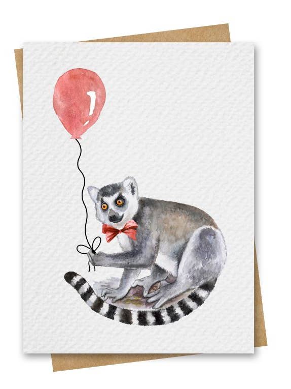 Biglietto di Compleanno con Lemure ad Acquerello e Palloncino Rosso per la vendita all'ingrosso da parte di Paper Kuts