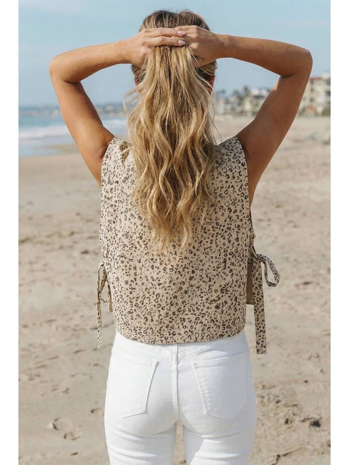 Apricot Western Leopard Print Knot Side Twill Vest for wholesale on Faire1
