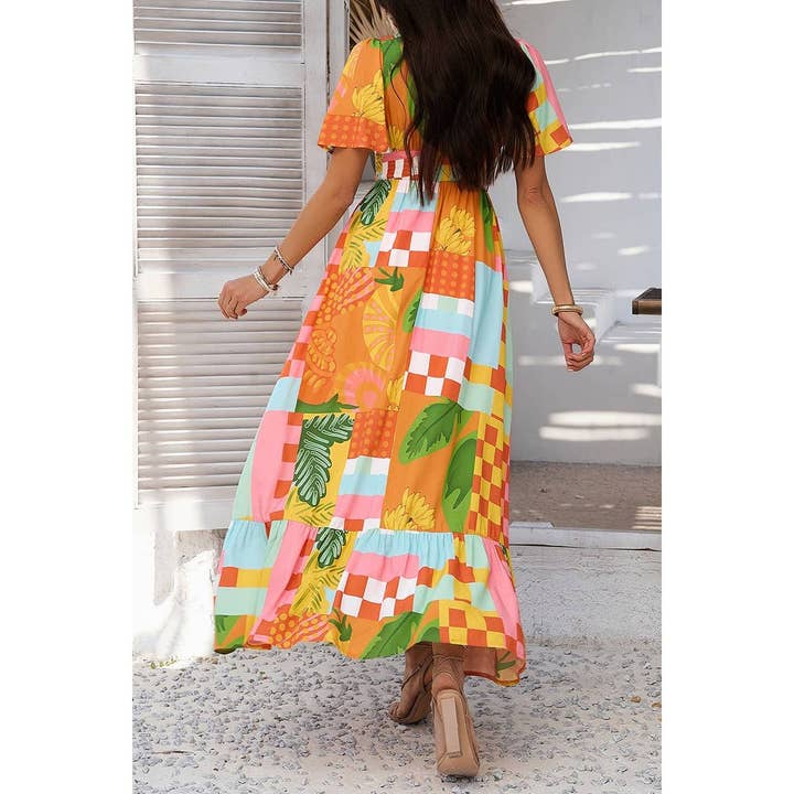 Elings - Wholesale Dress - Women's - Allover Print Deep V Elastic Waist Band Maxi Dress9