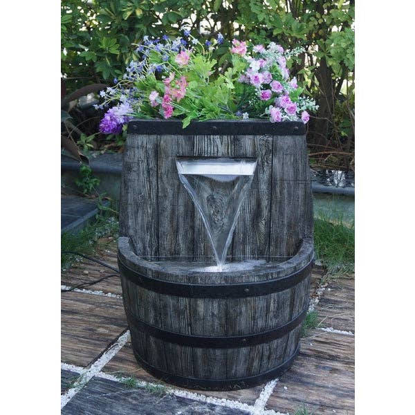 Hi-Line Gift Ltd. - Wholesale Planter Box - 26In Whiskey Barrel Fountain And Planter With Wt Led