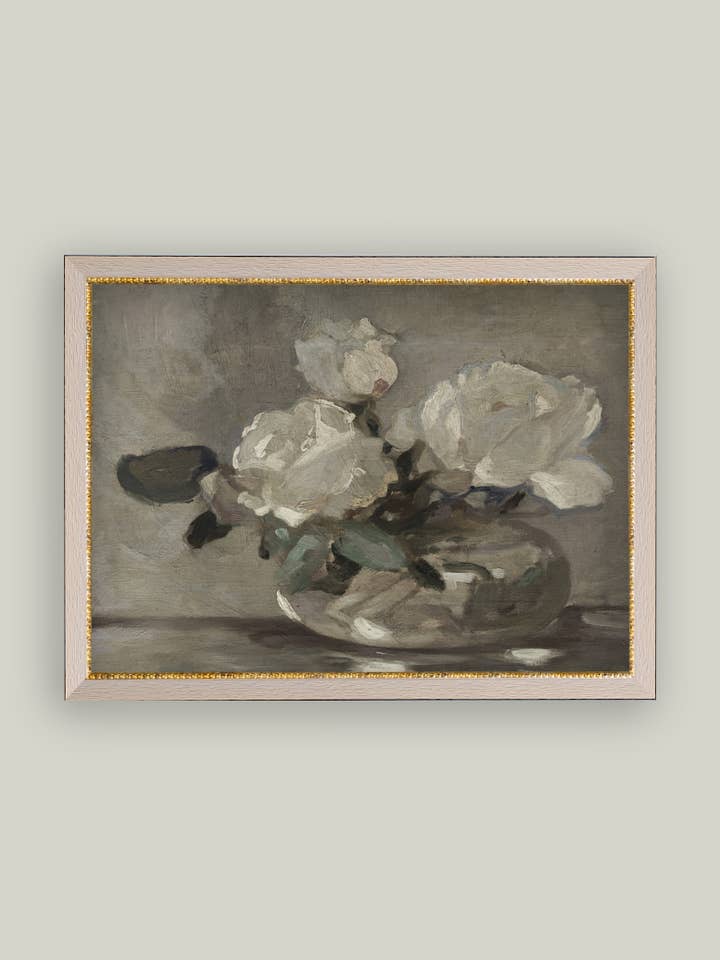 White Rose Vase Framed Antique Art for wholesale by Petal Lane Home