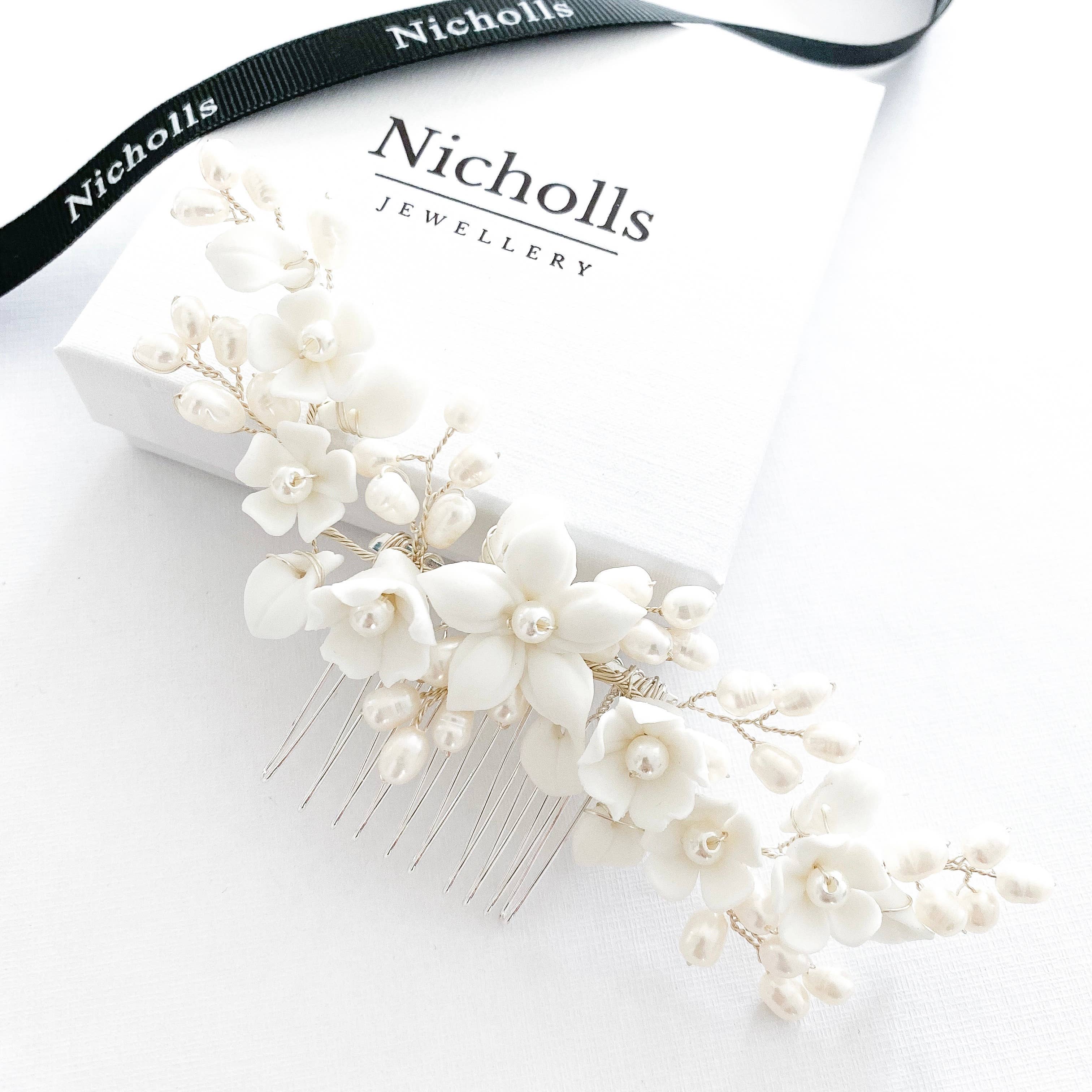 Nicholls Jewellery - Wholesale Hair Pin - Porcelain White Flower and Freshwater Pearl Comb2