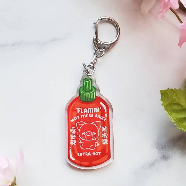 Flamin' Hot Mess Sauce Acrylic Keychain, sriracha lover gift for wholesale by Muijistudio