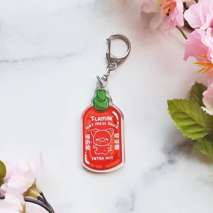 Flamin' Hot Mess Sauce Acrylic Keychain, sriracha lover gift for wholesale by Muijistudio
