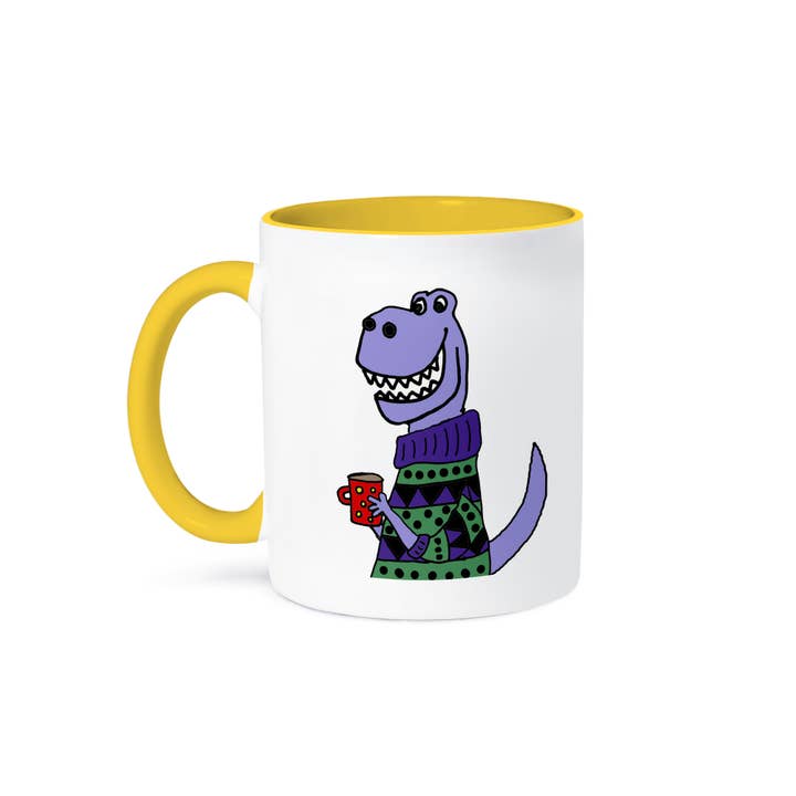 3dRose – wholesale Coffee mug – 3dRose, Funny Cute T-rex Dinosaur Drinking Coffee wearing Colorful Sweater, Mug