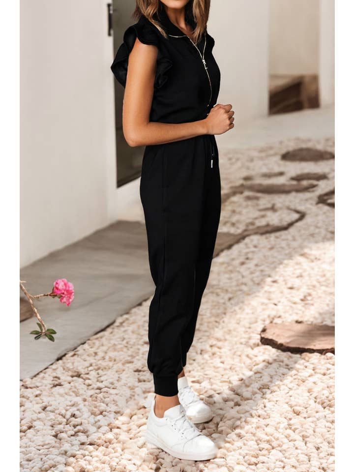 Black LDC Zipper Flutter Sleeve Drawstring High Waist Jumpsuit for wholesale on Faire