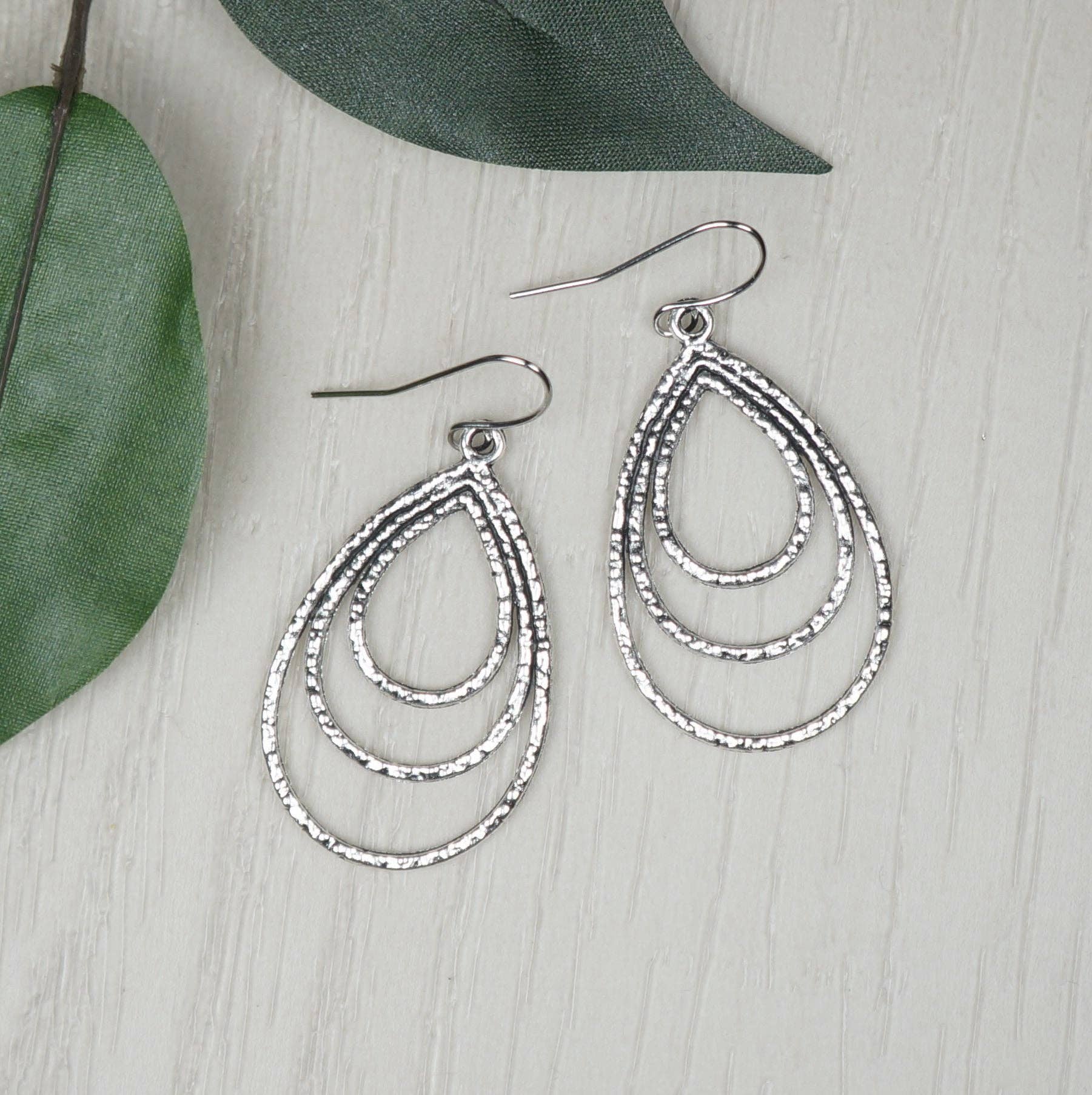 Jewelry by Dawn - Wholesale Dangle Earrings - Hammered Silver Triple Teardrop Minimalist Everyday Earrings, Platinum Ear Wires0