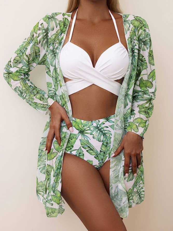 UNISHE - Venta al por mayor Traje de baño de dos piezas - Mujer - Set de bikini retorcido con kimono tropical, set de 3 piezas ZZKF6358