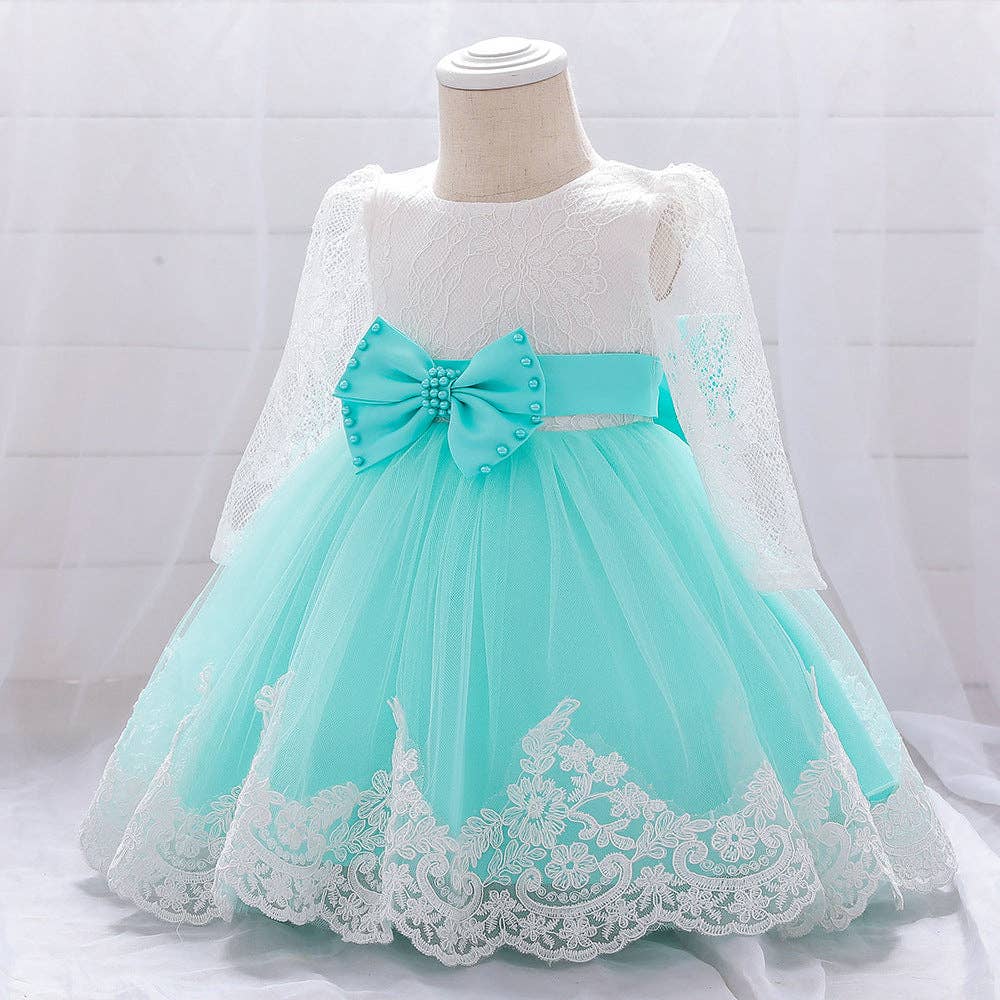 MyKids-USA® - Wholesale Dress - Baby - Baby Girl Bow Patched Design Long Sleeves Full Moon Christening Mesh Formal Dress13