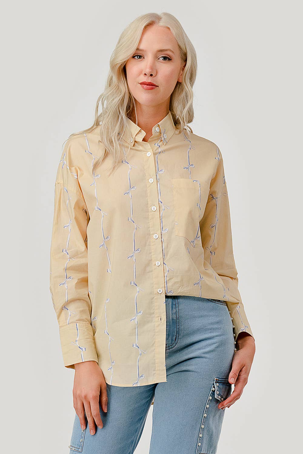 GeeGee x Lovelo - Wholesale Button Down Shirt - Women's - Ribbon Stripe Pattern Button-Up Shirt, OT509188