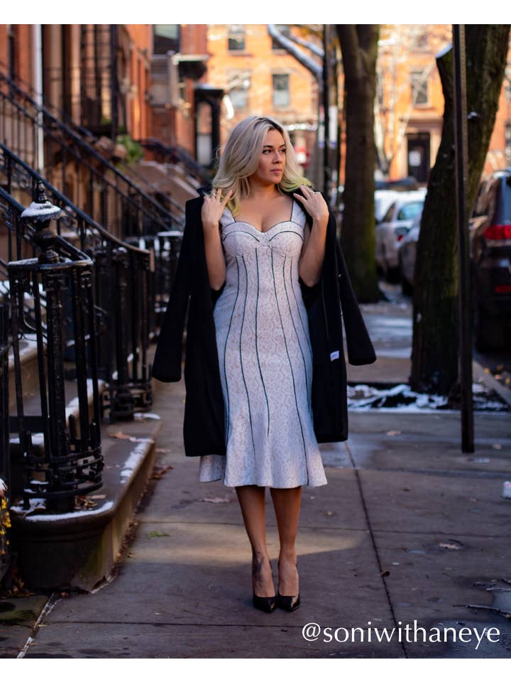 Bella Dress: Bustier lace mermaid dress w/ contrast piping for wholesale on Faire5