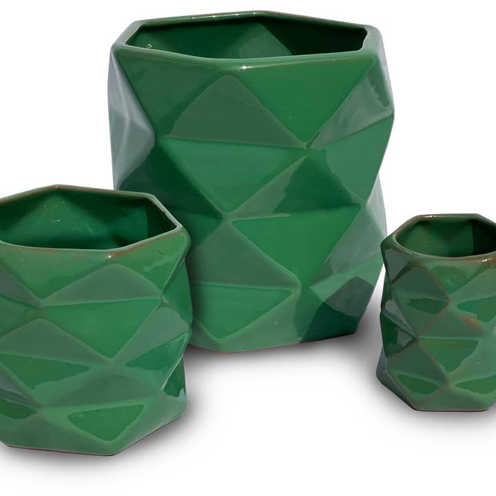 Tilted Triangles Cylinder Pot - 3Pc Set - Kelly Green for wholesale by Ceramo Pottery