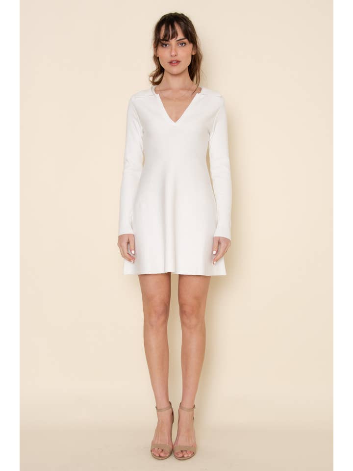 Fore Collection - Wholesale Dress - Women's - MINIMALIST V NECK LONG SLEEVE KNIT MINI DRESS-DI10363FO12