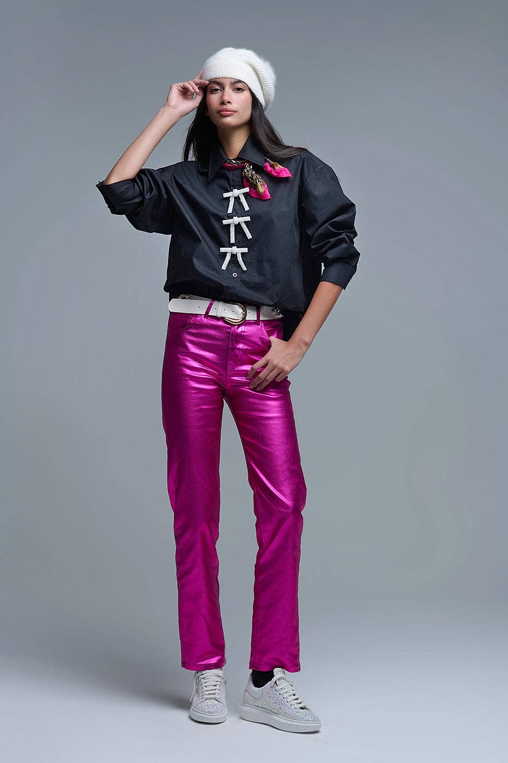 Black Oversized Poplin Shirt With White Beaded Bow Buttons for wholesale on Faire2