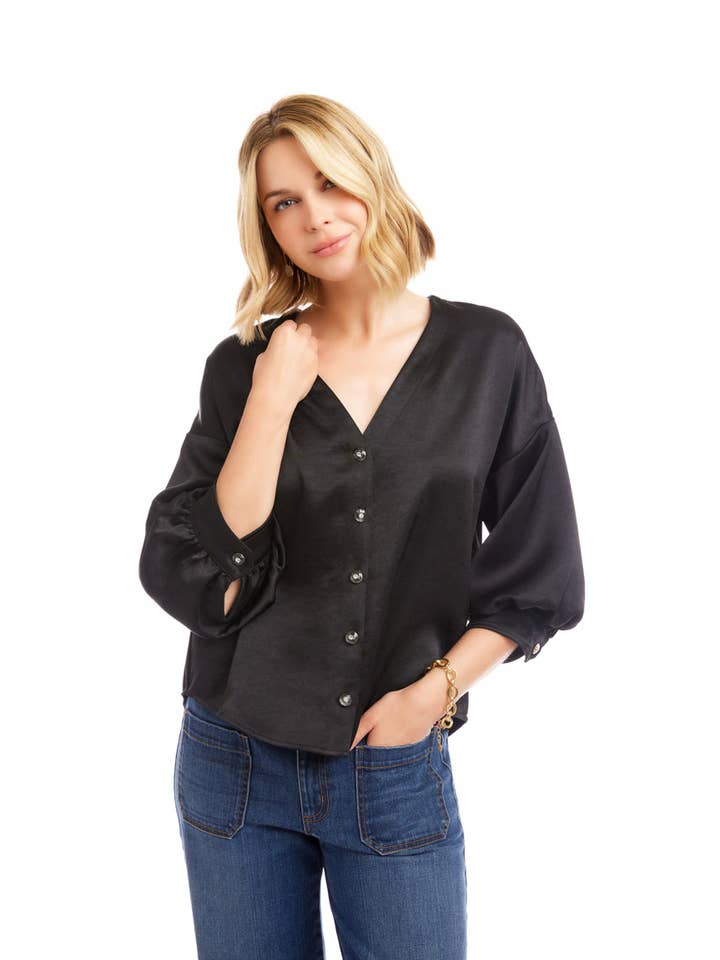 Black Lantern Sleeve Crystal Rhinestone Button Satin Top for wholesale on Faire2