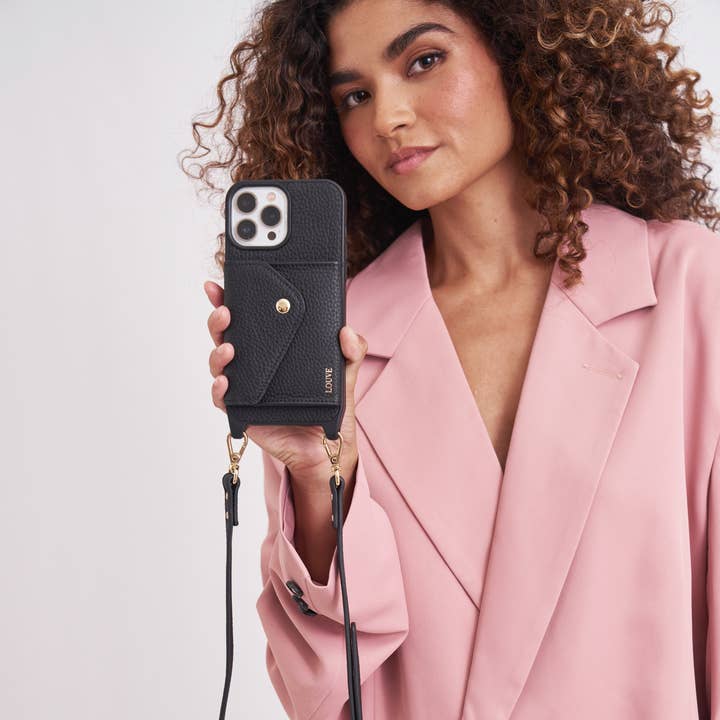 Louve Collection - Wholesale Phone wallet – women's - Zoë Black Leather Phone Case Wallet & Matching Strap6