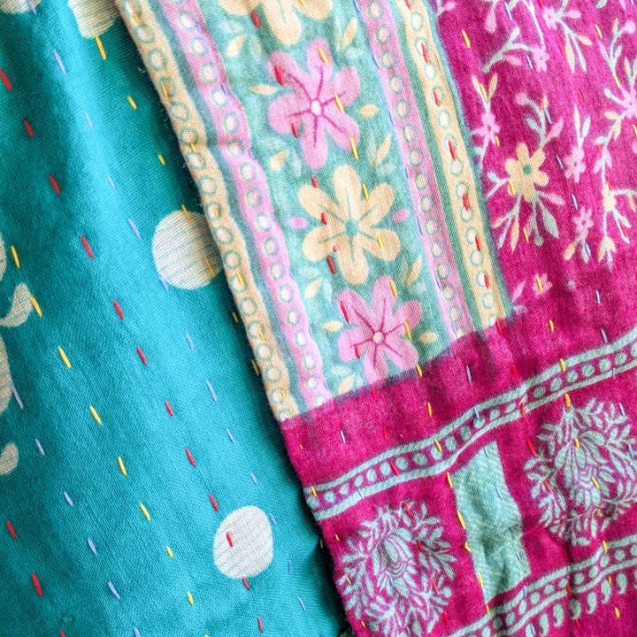 Mini kantha quilt in shades of teal & pink, handwoven in Bangladesh for wholesale by Shakti.ism