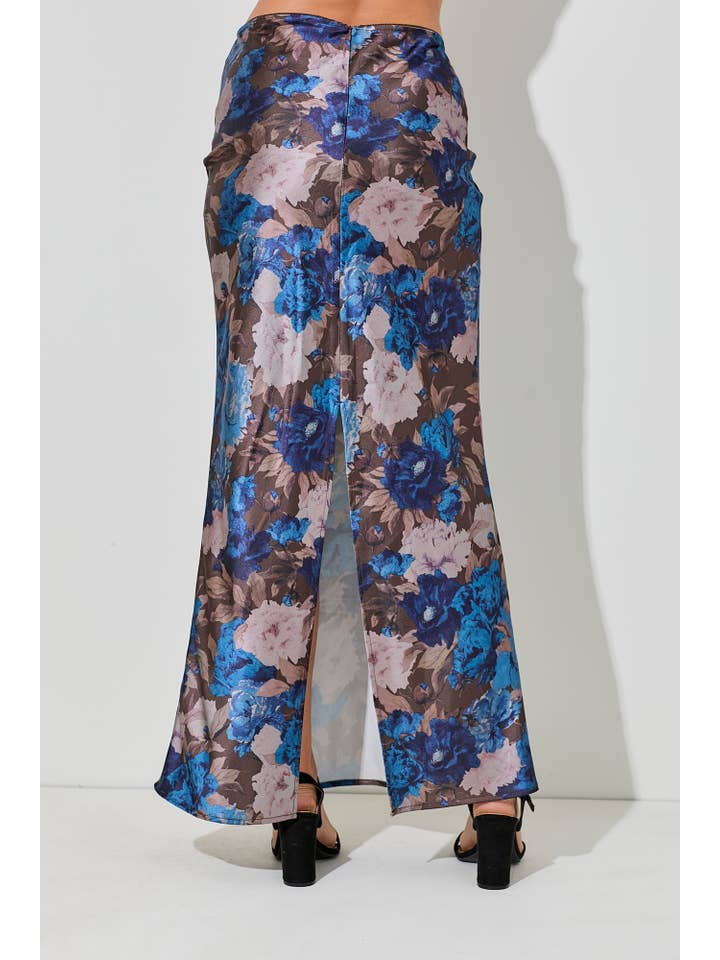 Baevely by Wellmade USA - Wholesale Skirt - Women's - FLORAL SATIN MAXI SKIRT WITH SLIT
