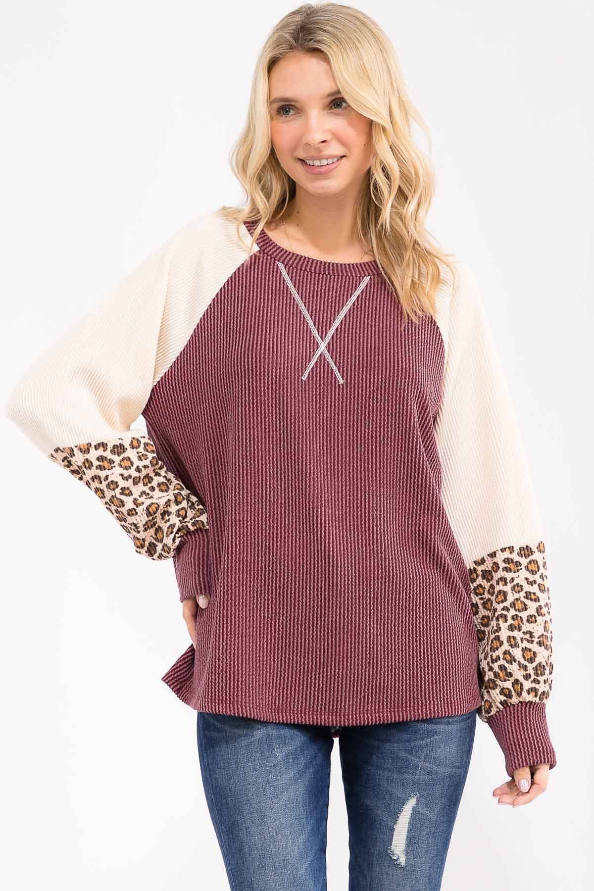 7th Ray – wholesale Knit top – Women's – Color Block Raglan Long Sleeve Pullover Top T61074
