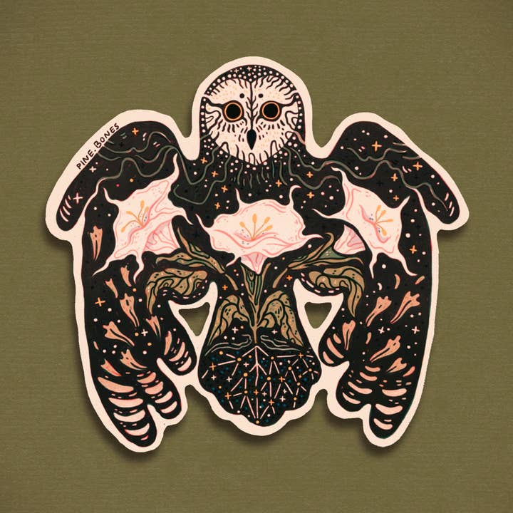 Owl & Moonflowers Durable & Weatherproof Sticker for wholesale by Pine Bones