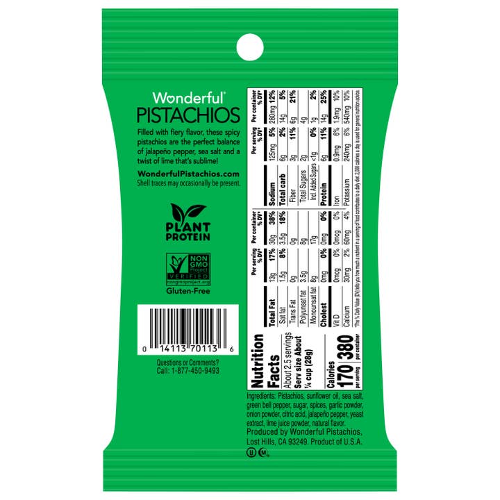 Wonderful Pistachios - Wholesale Nuts - Wonderful Pistachios No Shells Jalapeno Lime 2.25oz (8pk)