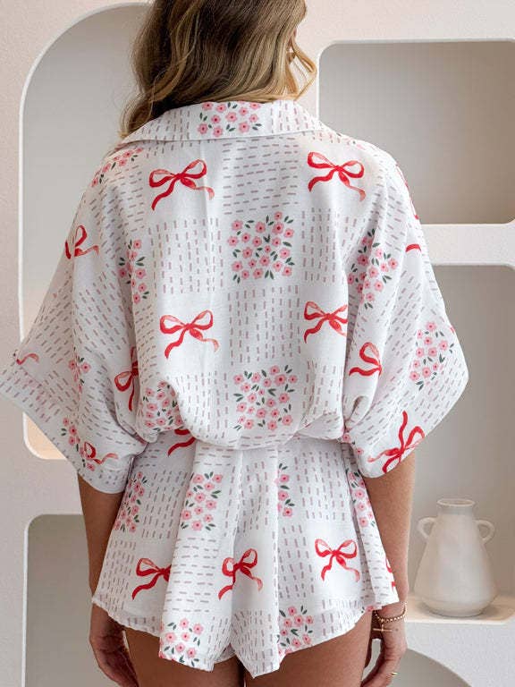Bow printed oversized Button short sleeve romper in red for wholesale on Faire7