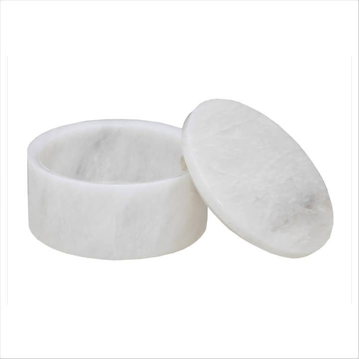 Boîte à finition polie en marbre blanc nacré de 5 po de la collection Eirenne pour la vente par Marble Crafter