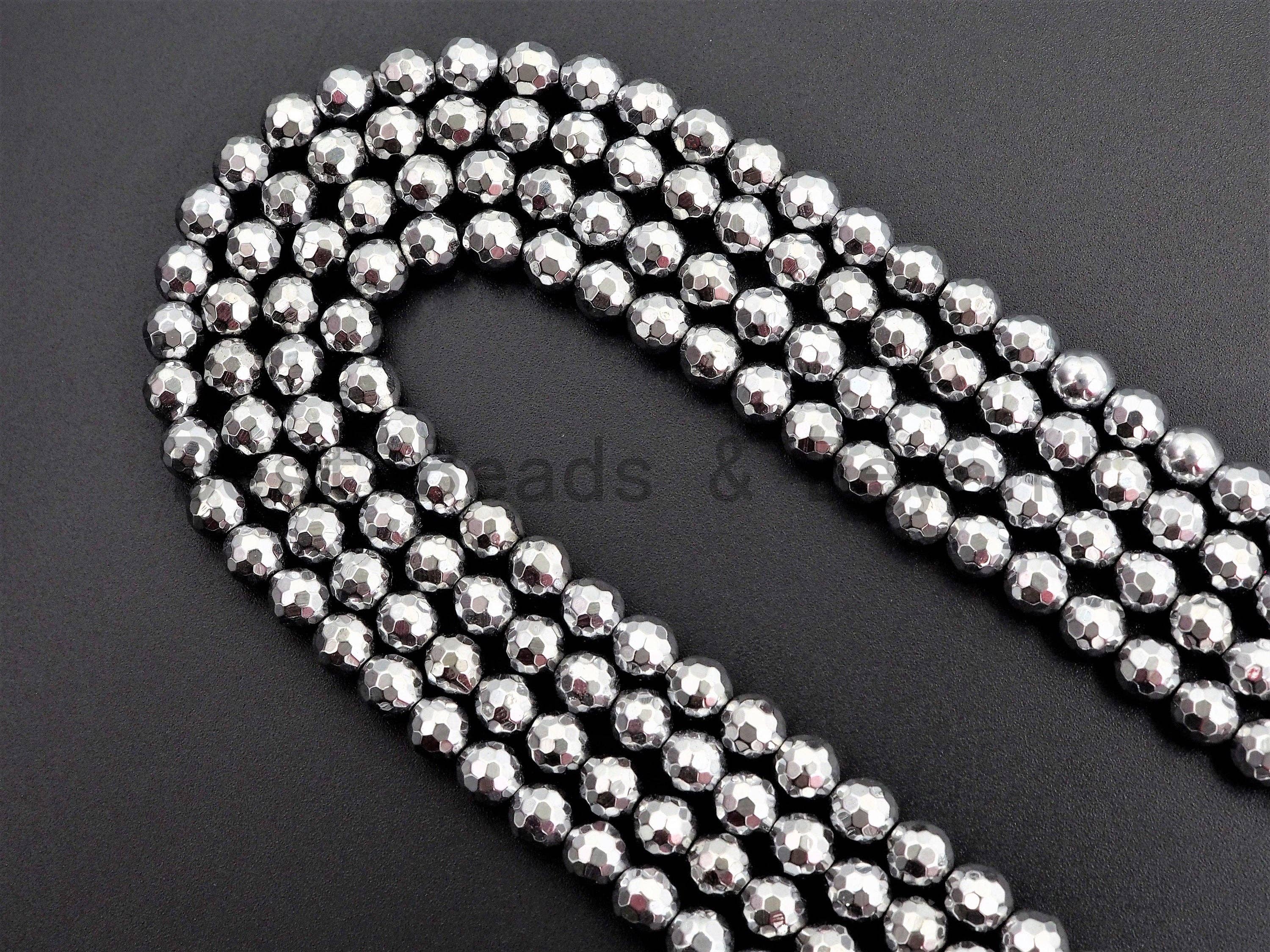BestBeads&Beyond - Wholesale Beads - Natural Silver Hematite Beads-2mm/3mm/4mm/6mm/8mm/10mm/12mm Round Faceted Gemstone Beads-15inch Fullstrand-Metallic silver Beads, SKU#S1182