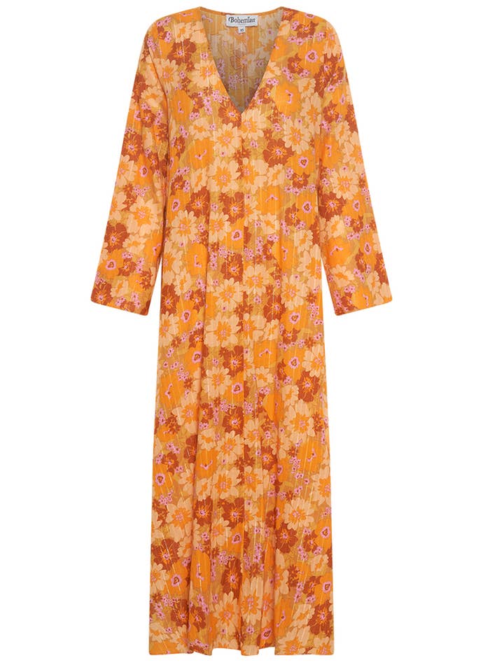 V Neck Smock Dress In Peach Multi for wholesale by Bohemian Traders