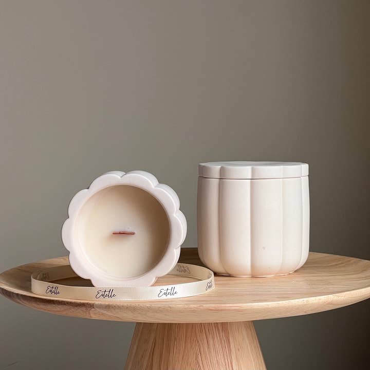 Handmade Flower Soy Wax Candle in Jesmonite Flower Jar with Wood Wick for wholesale by Estelle Studio