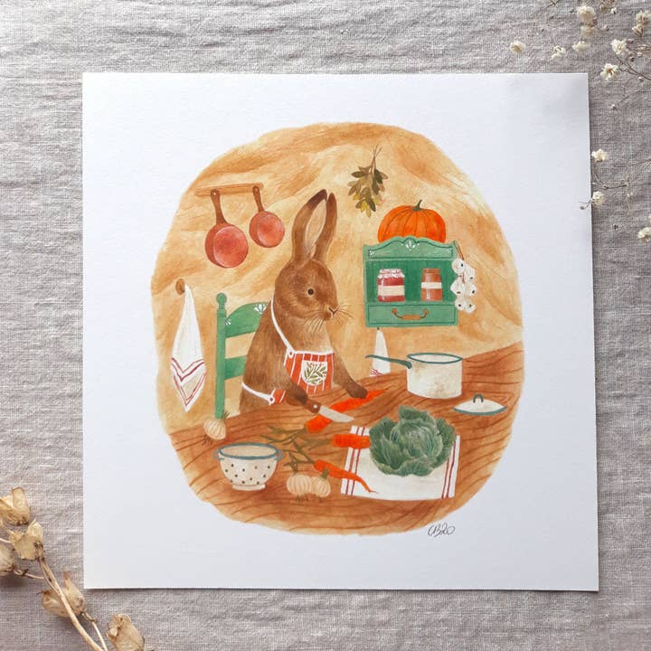 Rabbit making a soup print for wholesale by Cécile Berrubé