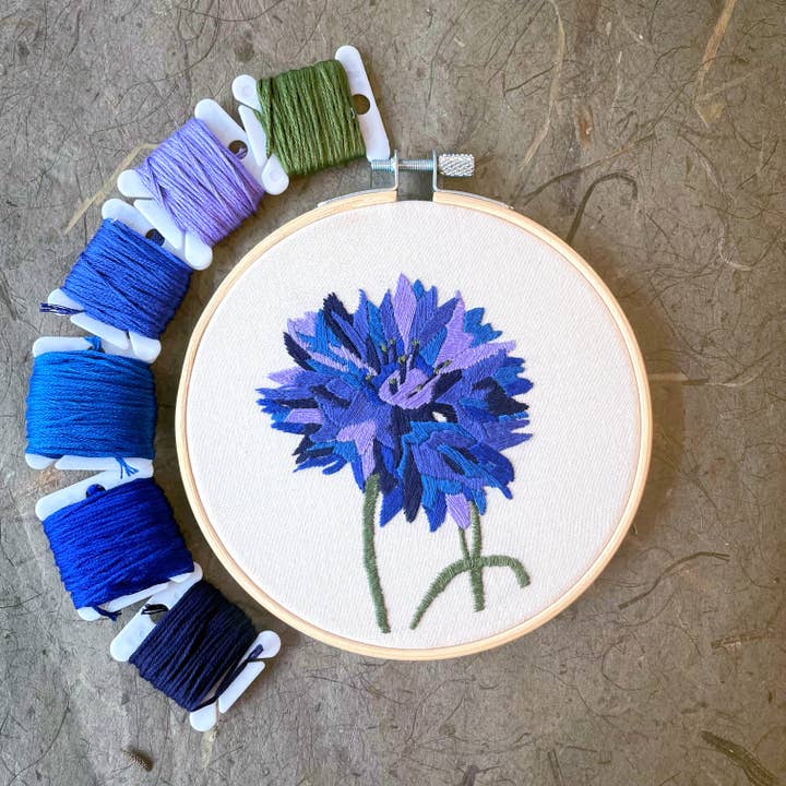 DIY Embroidery Kit - Bachelor Button (5") for wholesale by Kate Wyatt Fine Art