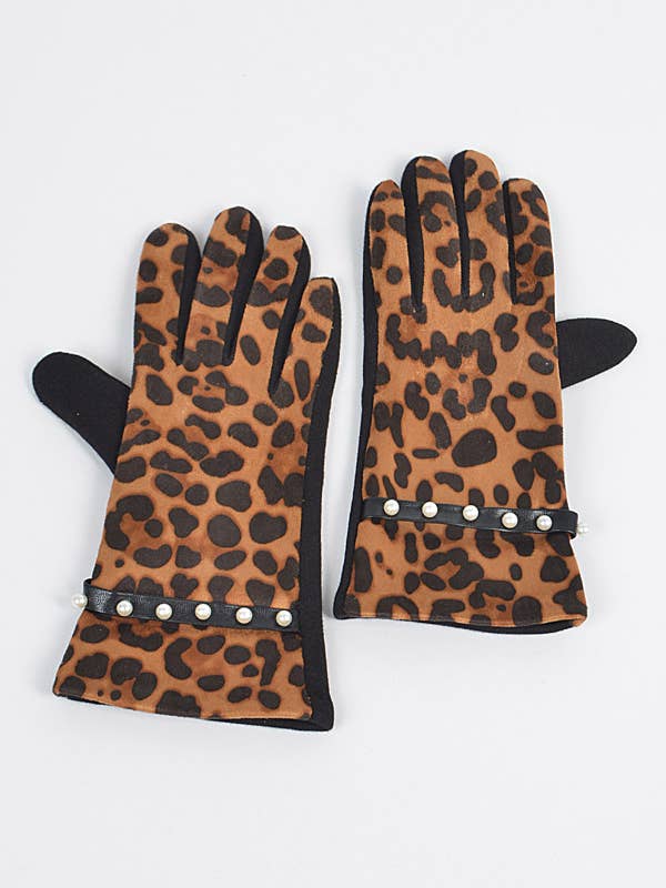 Faux Leopard Suede Gloves W Imitation Pearl for wholesale by Shop Neighbors