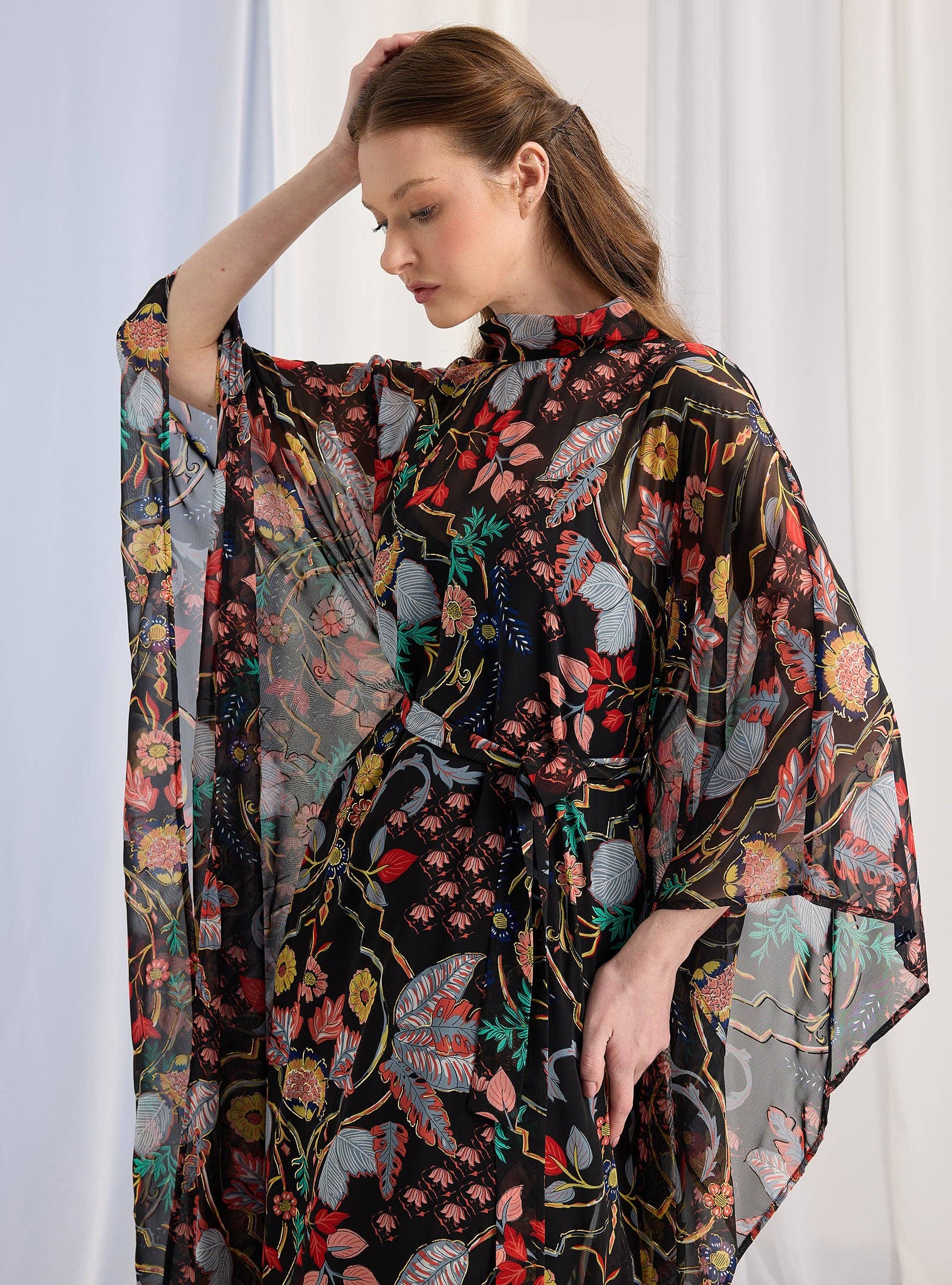 Store WF – wholesale Kaftan – Women's – Black Printed Gold Lurex Belted Kaftan Dress1