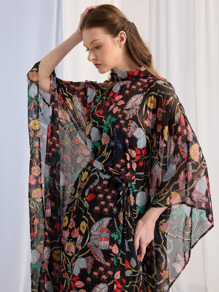 Store WF – wholesale Kaftan – Women's – Black Printed Gold Lurex Belted Kaftan Dress1