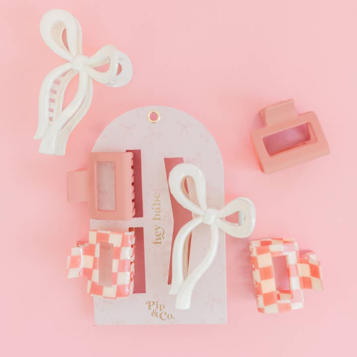 Rock Paper Scissors - Wholesale Hair Accessories Set - Women's - Pink Bow and Checkered Claw Hair Clip Set
