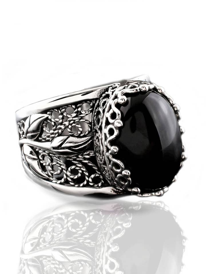 Filigrana Art Black Onyx Gemstone Tulipa Mulher Detalhe Declaração de Prata de Lei Anel por atacado de Filigranist Jewelry