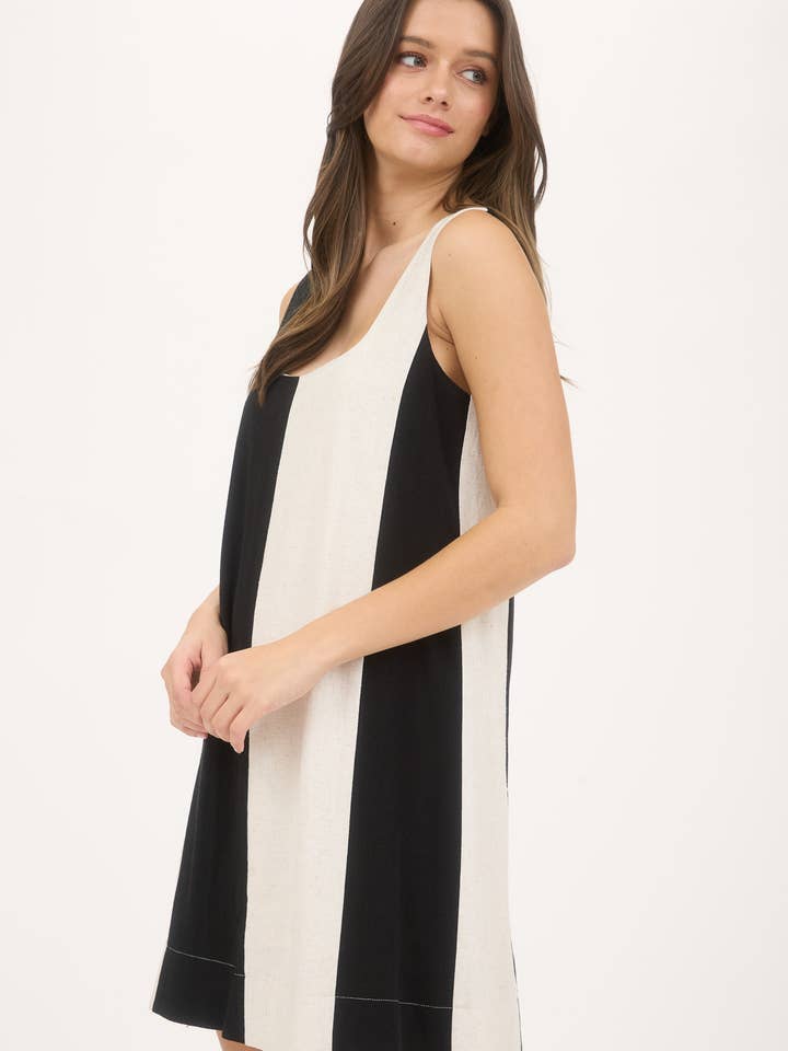 Blu Pepper - Wholesale Dress - Women's - WIDE STRIPE SLEEVELESS LINEN MINI DRESS