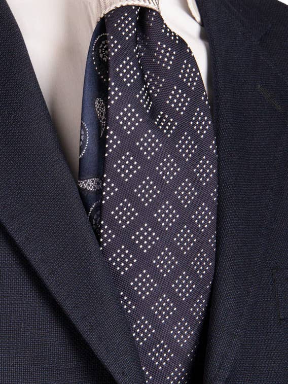 Blue Ceremony Tie with Grey Silver Pattern and Grey Silver Contrast Knot N3008 for wholesale by Graffeo Cravatte