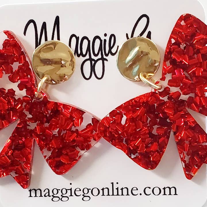 Maggie G - Wholesale Dangle Earrings - Bow earrings | Custom Earrings | Christmas | Handmade Chunky Red Glitter