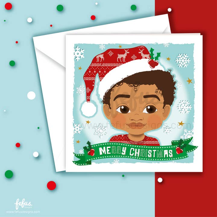 Kleinkind Brown Boy Joy Weihnachtskarte | Fefus designs für den Großhandel von Fefus Designs