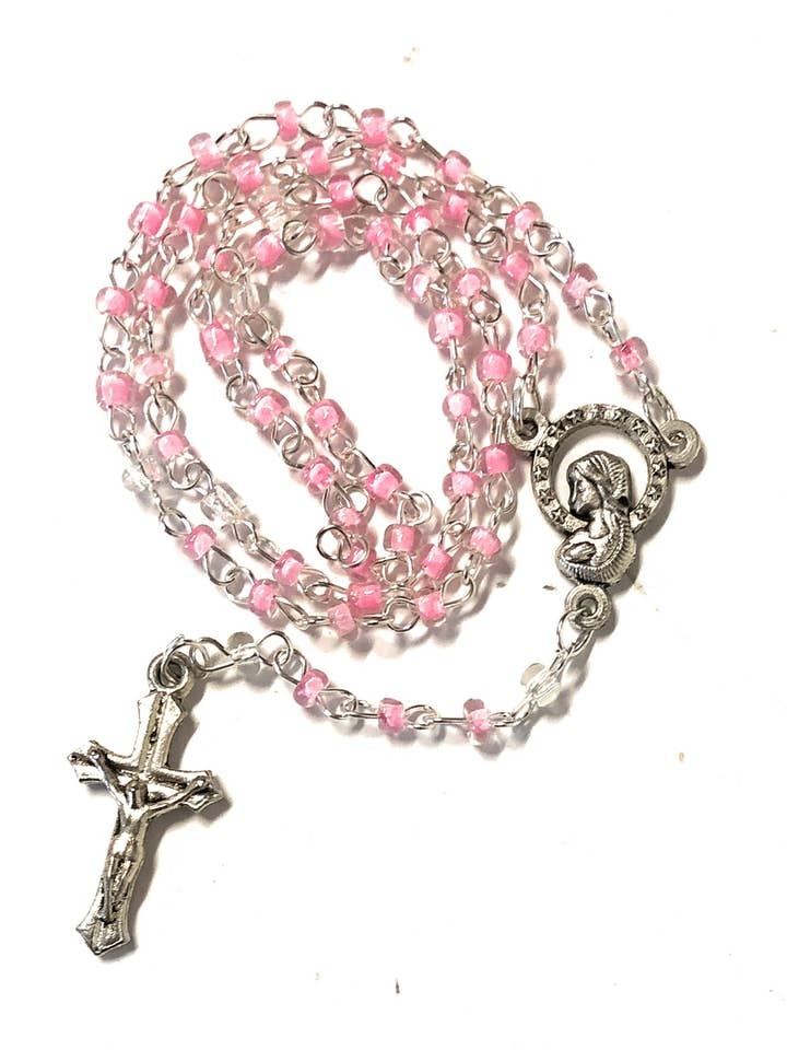 Mini pink glass rosary with box for wholesale by Costa Articoli Religiosi