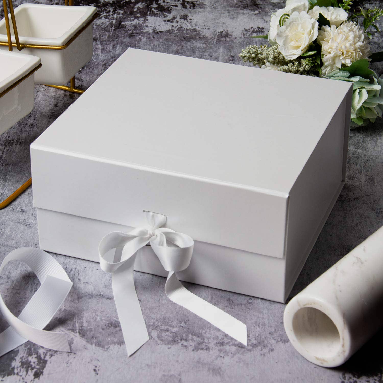LA Ribbons Wholesale – wholesale Gift box – 8" x 8" x 4" Collapsible Gift Box w/ Satin Ribbon & Magnetic | White3