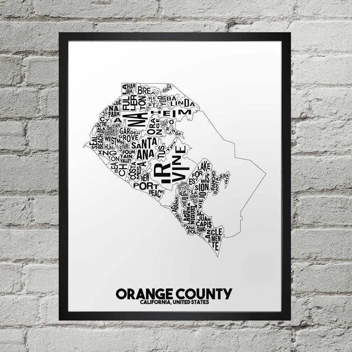 Orange County CA Neighborhood Typography City Map Print for wholesale by Damon D Chan
